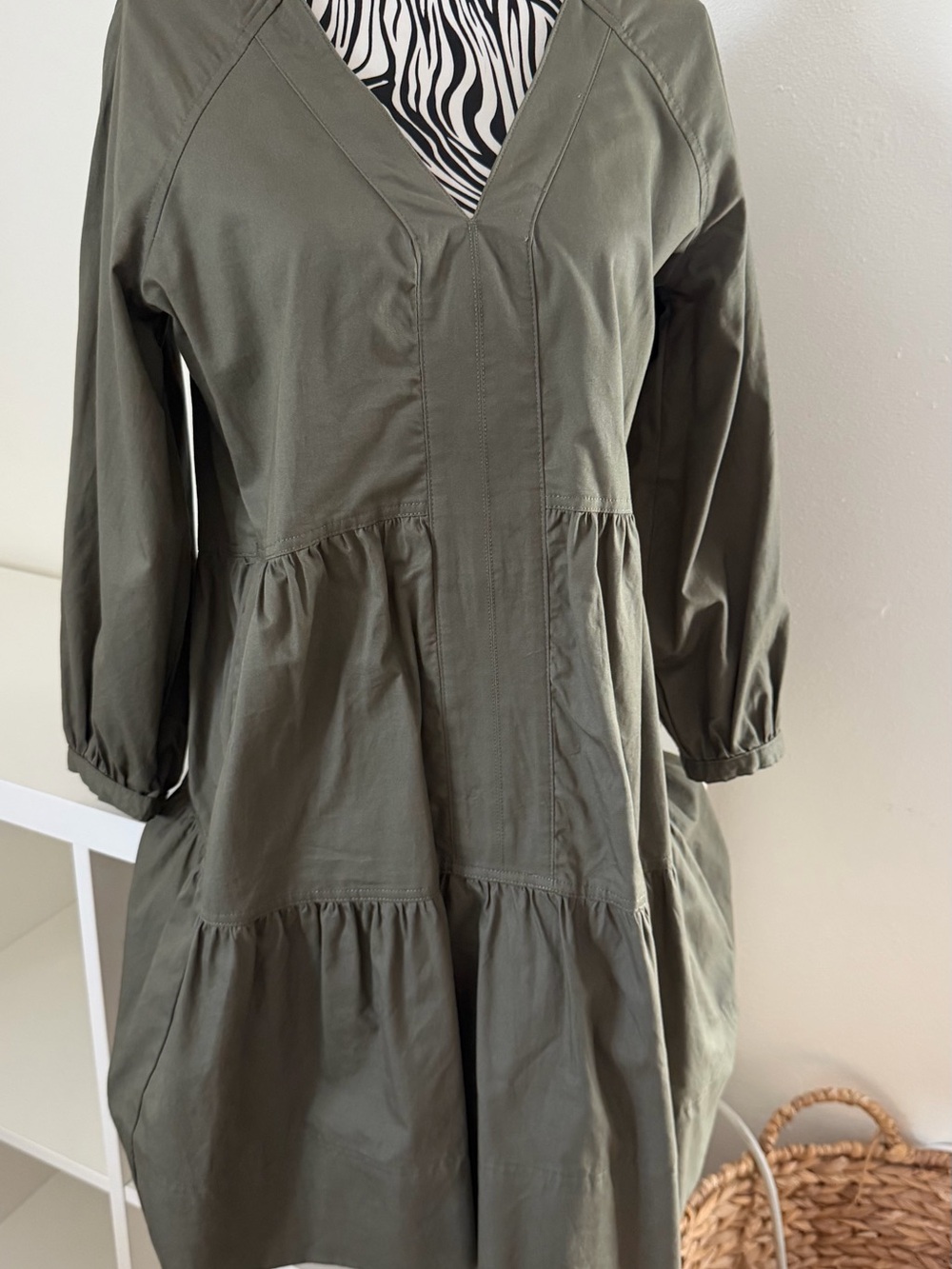 Olive Green Midi Dress - V-Neck Tiered Dress